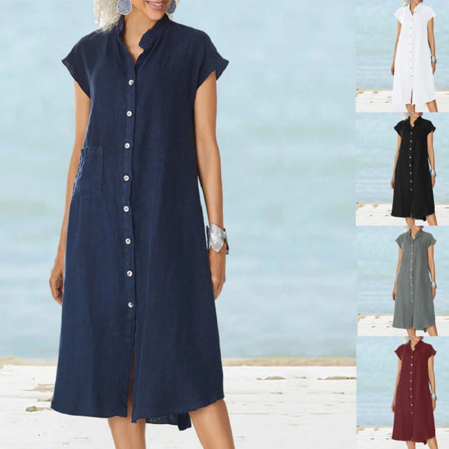 Cardigan Col Montant Robe à Poches en Coton et Lin Simple Boutonnage Hover Image