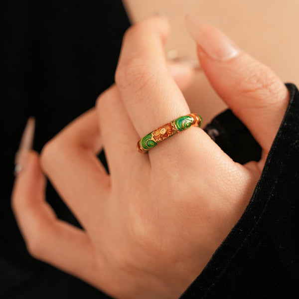 Bague florale vintage, émail vert, bague spectaculaire, perle diamant rétro, bague fleur pour femme, bijoux de mode