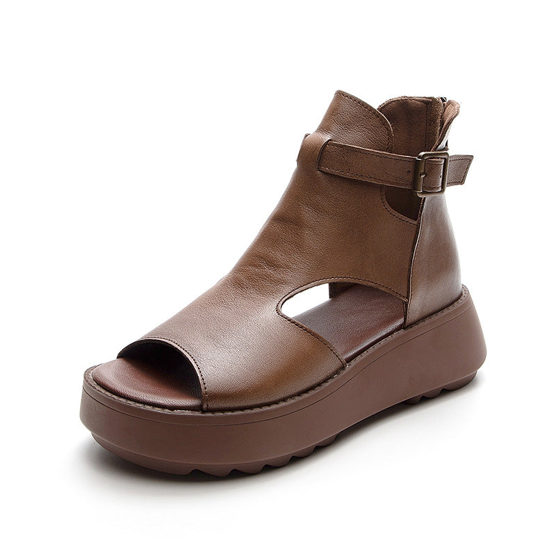Été Nouveauté Rétro Sandales Vides Derrière Peep Toe En Cuir De Vachette Pour Femmes