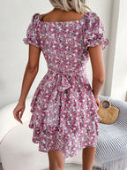 Robe Courte Femme Mini Robe Tempérament Grand Balançoire Ourlet Ample Imprimé Floral Robe Froncée Manches Courtes Taille Haute Robe D'Été Vêtements