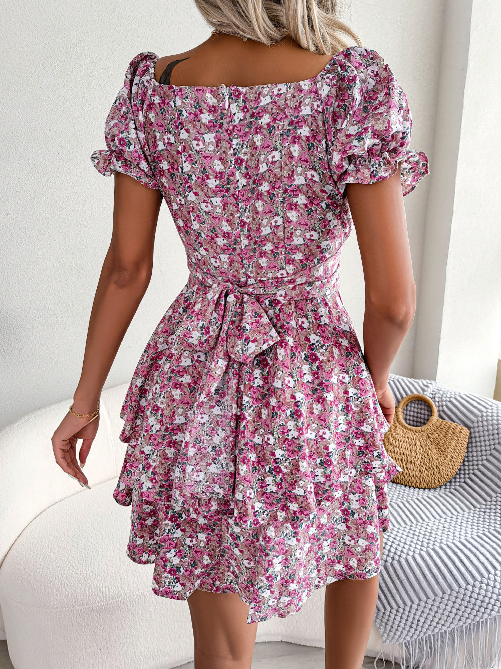 Robe Courte Femme Mini Robe Tempérament Grand Balançoire Ourlet Ample Imprimé Floral Robe Froncée Manches Courtes Taille Haute Robe D'Été Vêtements