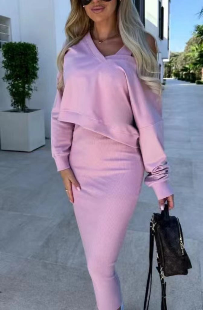 Ensemble deux pièces pour femme, costume décontracté, sweat-shirt à manches longues et col en V, et robe sans manches
