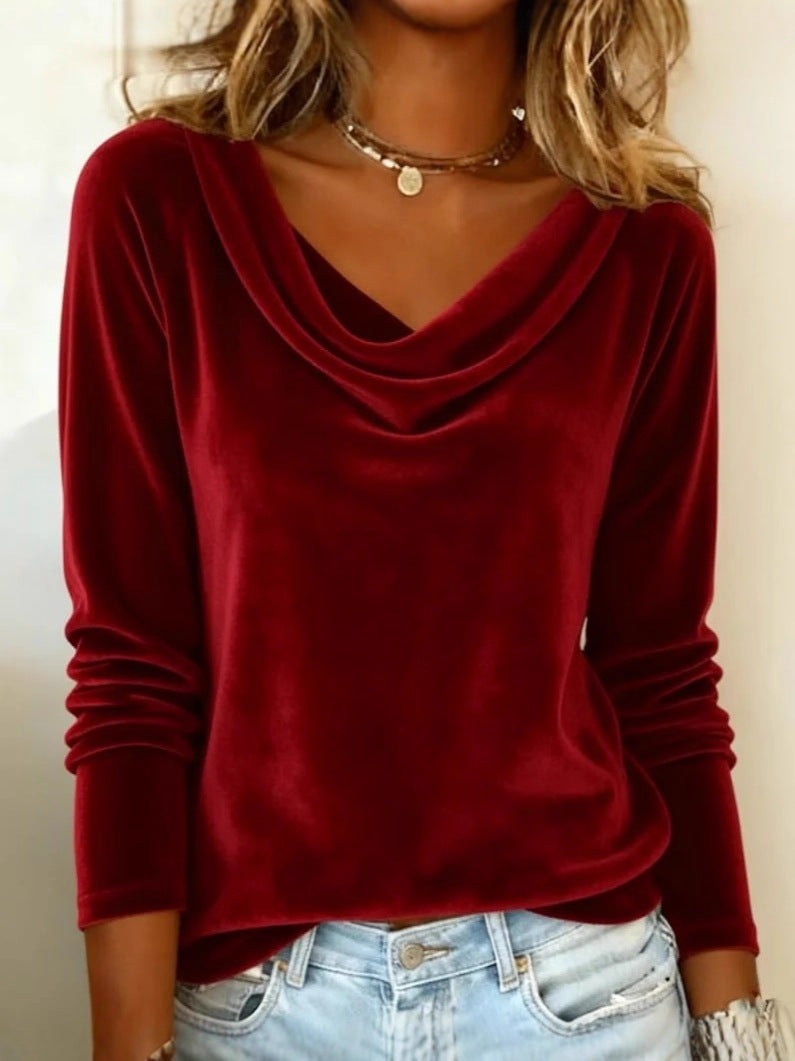 Chemises élégantes en velours à manches longues pour femmes, couleur unie, coupe ample, chemisiers à la mode, pulls, vêtements de fête pour l'automne et le printemps