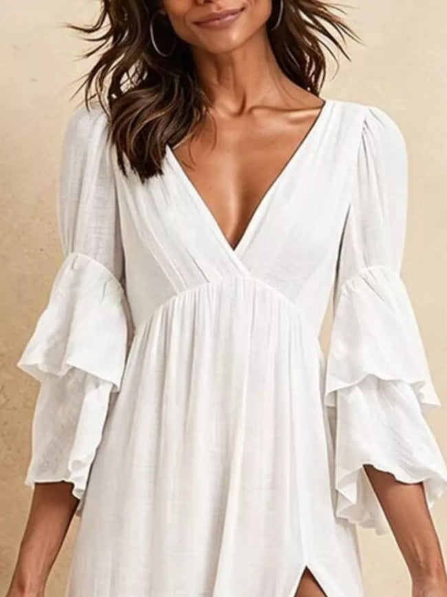 Robe longue à col en V, manches à volants superposés et fente haute Main Image