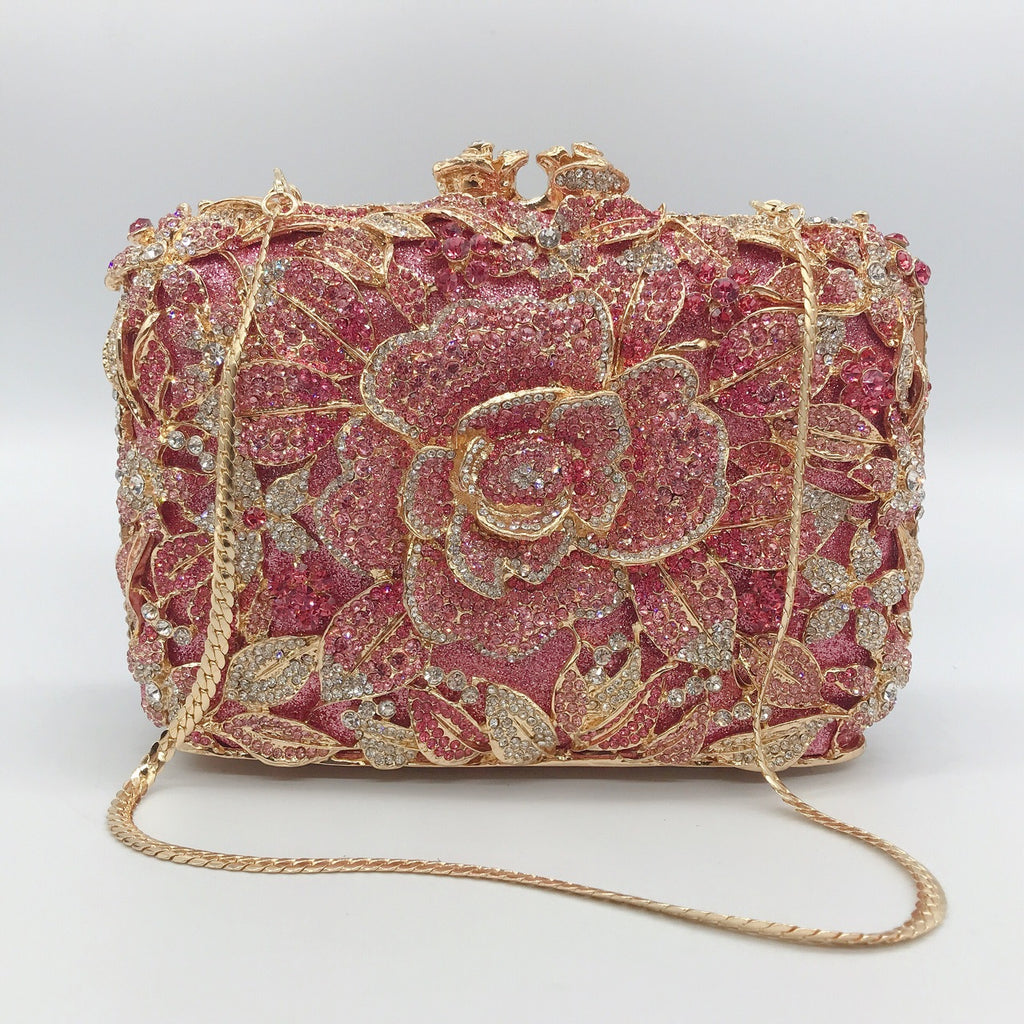 Pochette de soirée en métal rose, chaîne et diamants