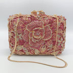 Pochette de soirée en métal rose, chaîne et diamants