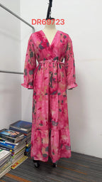 Robe longue fleurie à manches longues, élégante, col en V, plissée, taille haute, grand ourlet évasé en mousseline de soie pour femme