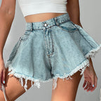 Short en jean taille haute ample à pampilles pour femmes