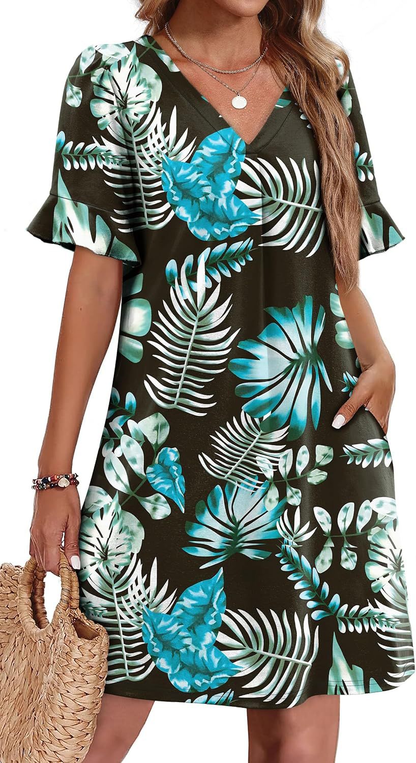 Robe élégante à col en V à volants pour femme avec poches
