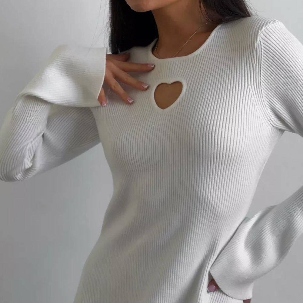 Robe Femme Col Rond Imprimé Coeur Évidé Taille Serrée