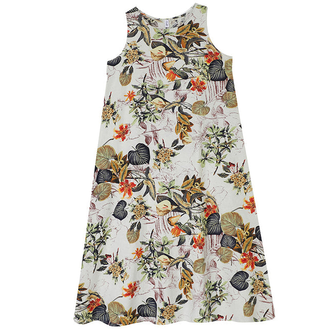 Robe sans manches à col rond en coton et lin imprimé pour femme Main Image