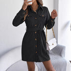 Robe chemise décontractée en velours côtelé de couleur unie, à manches longues, boutonnée et lacée