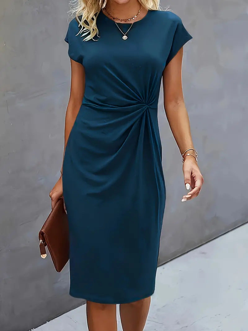 Robe mi-longue décontractée à col rond avec nœud sur le devant pour femme