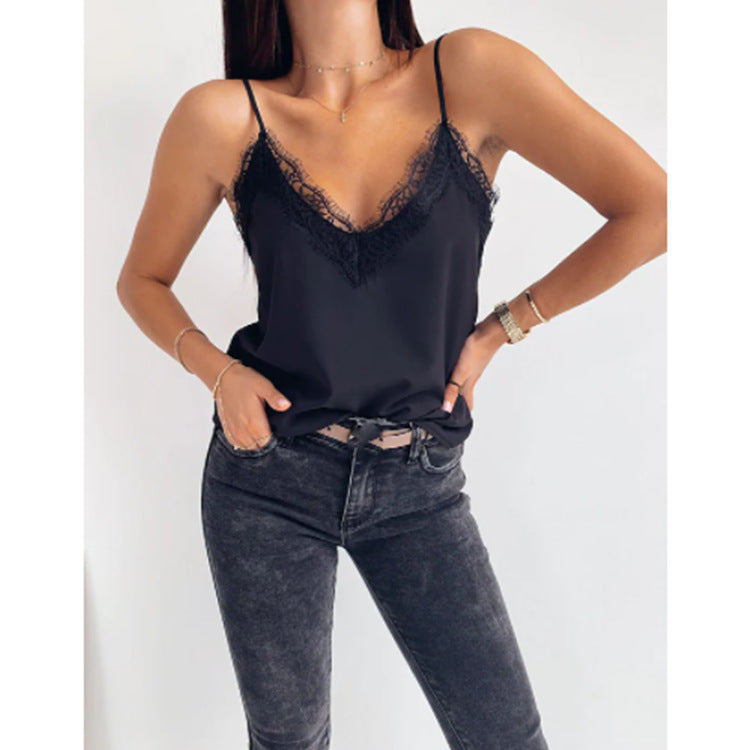 Caraco Femme Moulant Sexy Uni Col en V Bordé de Dentelle