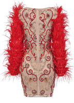 Robe longue en maille rouge ornée de plumes et de strass pour femme à manches longues