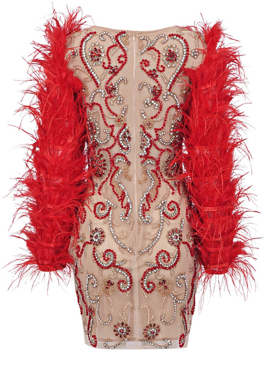 Robe longue en maille rouge ornée de plumes et de strass pour femme à manches longues