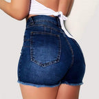 Short en jean déchiré extensible à coupe ajustée avec pompons pour femme