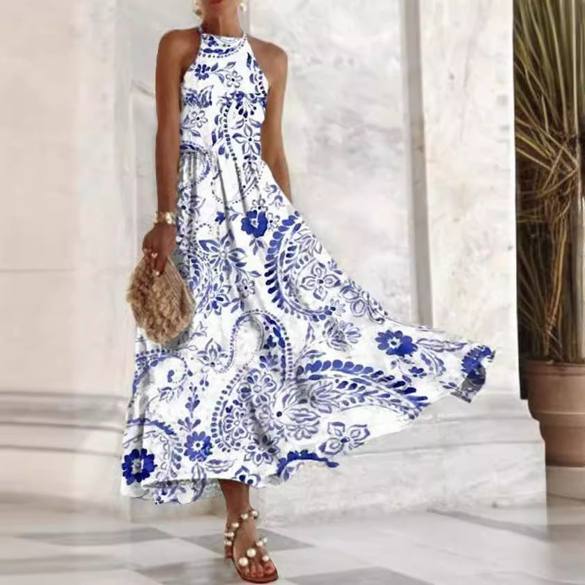 Robe longue confortable sans manches pour femme, à motif porcelaine bleue et blanche