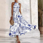 Robe longue confortable sans manches pour femme, à motif porcelaine bleue et blanche