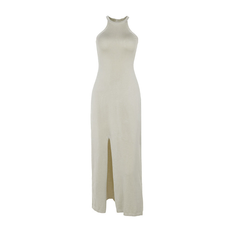 Robe trapèze fendue en laine pour femme