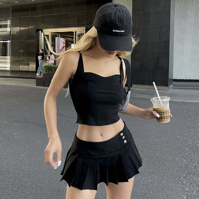 Ensemble deux pièces jupe plissée unie style fille branchée mode Y2k