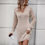 Nouvelle Robe Tricotée Col en V Mode Couleur Unie Creuse Robe Pull Manches Longues Vêtements pour Femmes