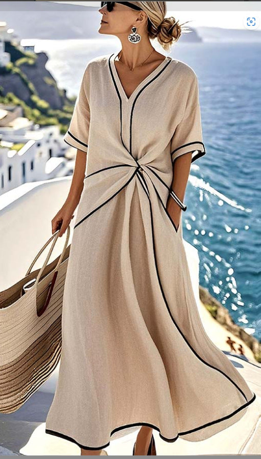Robe Longue D'été Imprimée Rayures Décontractée Plage Vacances Manches Courtes Vêtements Femme