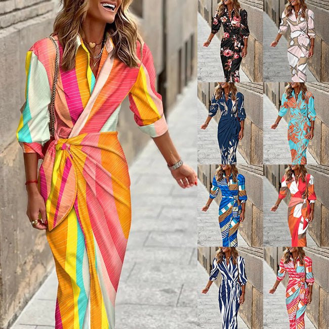Robe Chemise Imprimée Mode Avec Ceinture Coupe Slim Manches Trois-quarts Col Revers Pour Femmes Vêtements Hover Image