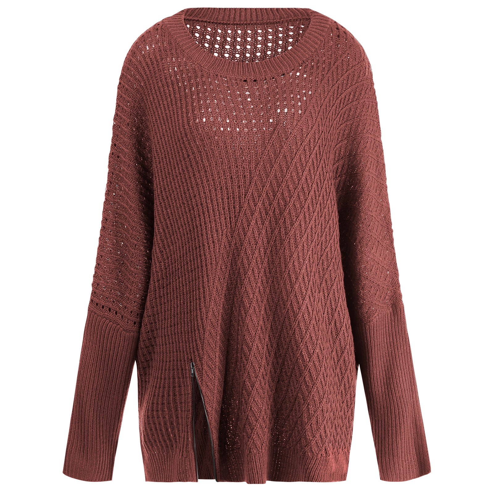 Pull ras du cou à manches longues ajouré en tricot pour femme, coupe ample, hiver
