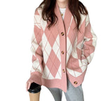 Cardigan en tricot de couleur contrastée avec motif losanges pour femme
