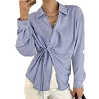 Blue Long Sleeved Shirt Lace-up Tup Cardigan Women