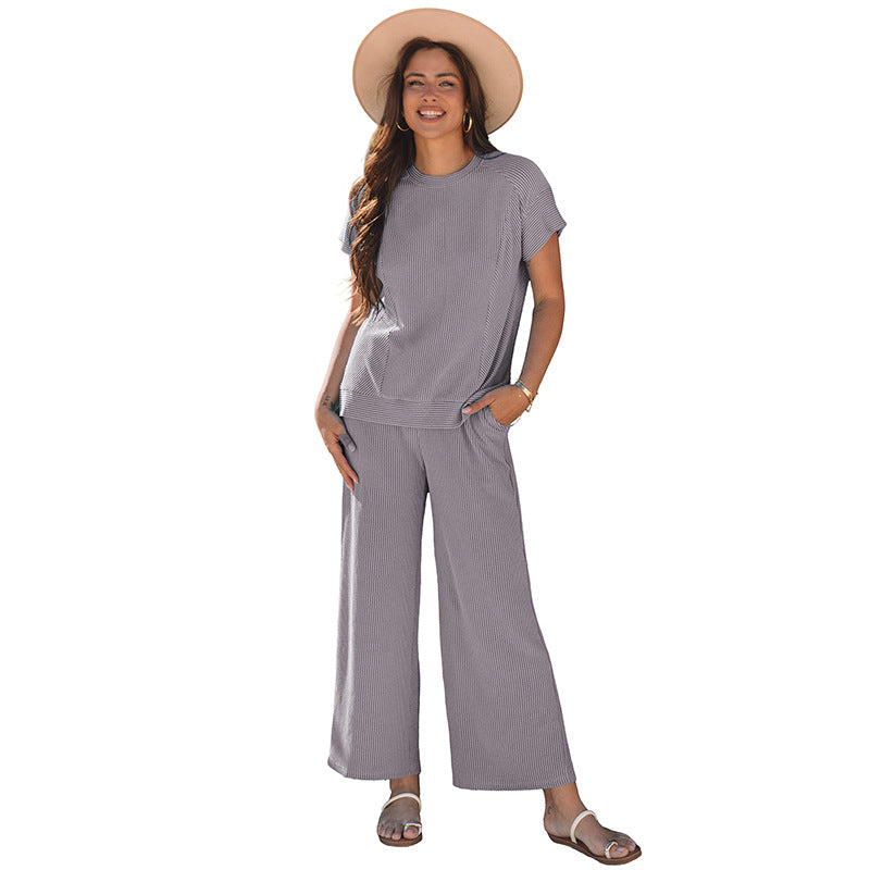 Ensemble deux pièces femme couleur unie manches courtes tricot ample décontracté