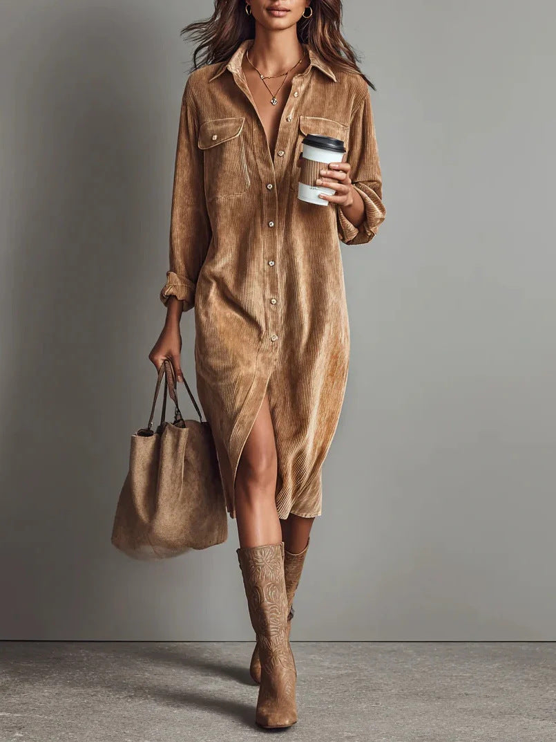 Robe Décontractée Chic à Col Rabattu et Boutons, Robe de Soirée Simple Unie pour Femmes Printemps Automne, Robe Longue à Manches pour Dames en Vacances