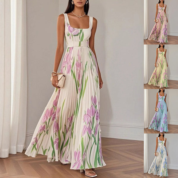 Robe plissée à imprimé floral sans manches coupe trapèze, collection été pour femme