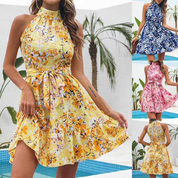 Nouvelle Robe d'été à Imprimé Floral, Col Licou, Tempérament, Volants à Lacets pour Femmes