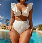 Haut de bikini volanté en tissu côtelé de couleur unie