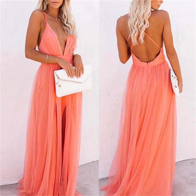 Robe Longue Orange Élégante et Tendance avec Bretelles en Gaze pour Femme Hover Image