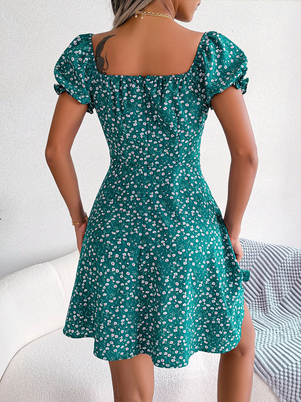 Robe décontractée femme à manches cloche, taille nouée avec cordon de serrage et imprimé floral fluide