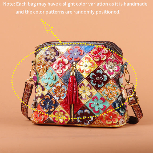 Sac bandoulière en cuir véritable, couleur serpentine, fait main, décontracté, avec pompons et fleurs, pour femme Hover Image