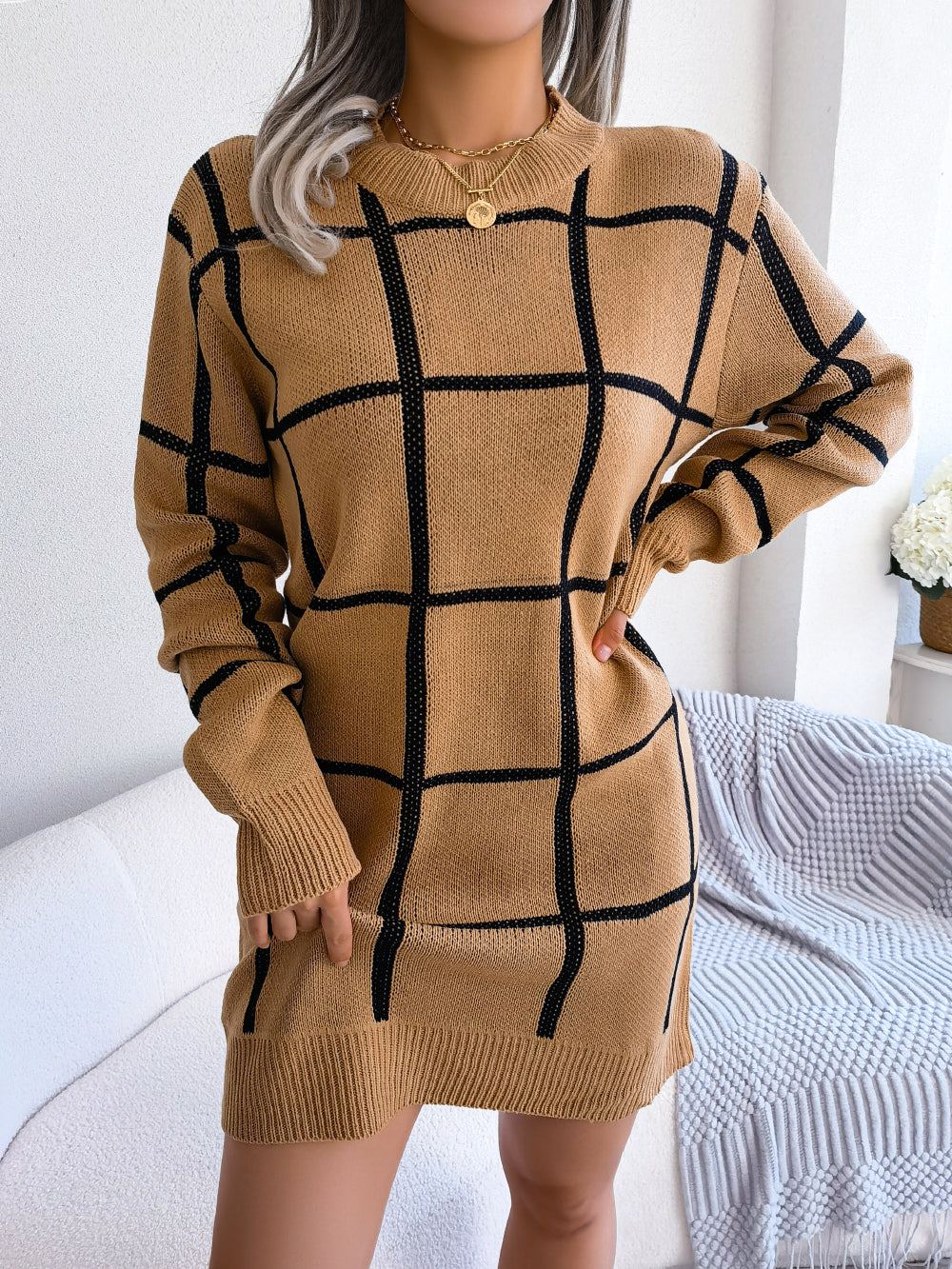 Robe pull décontractée à manches longues à carreaux color block
