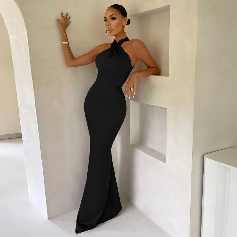 Robe Femme Unie Moulante Sans Manches et Dos Nu