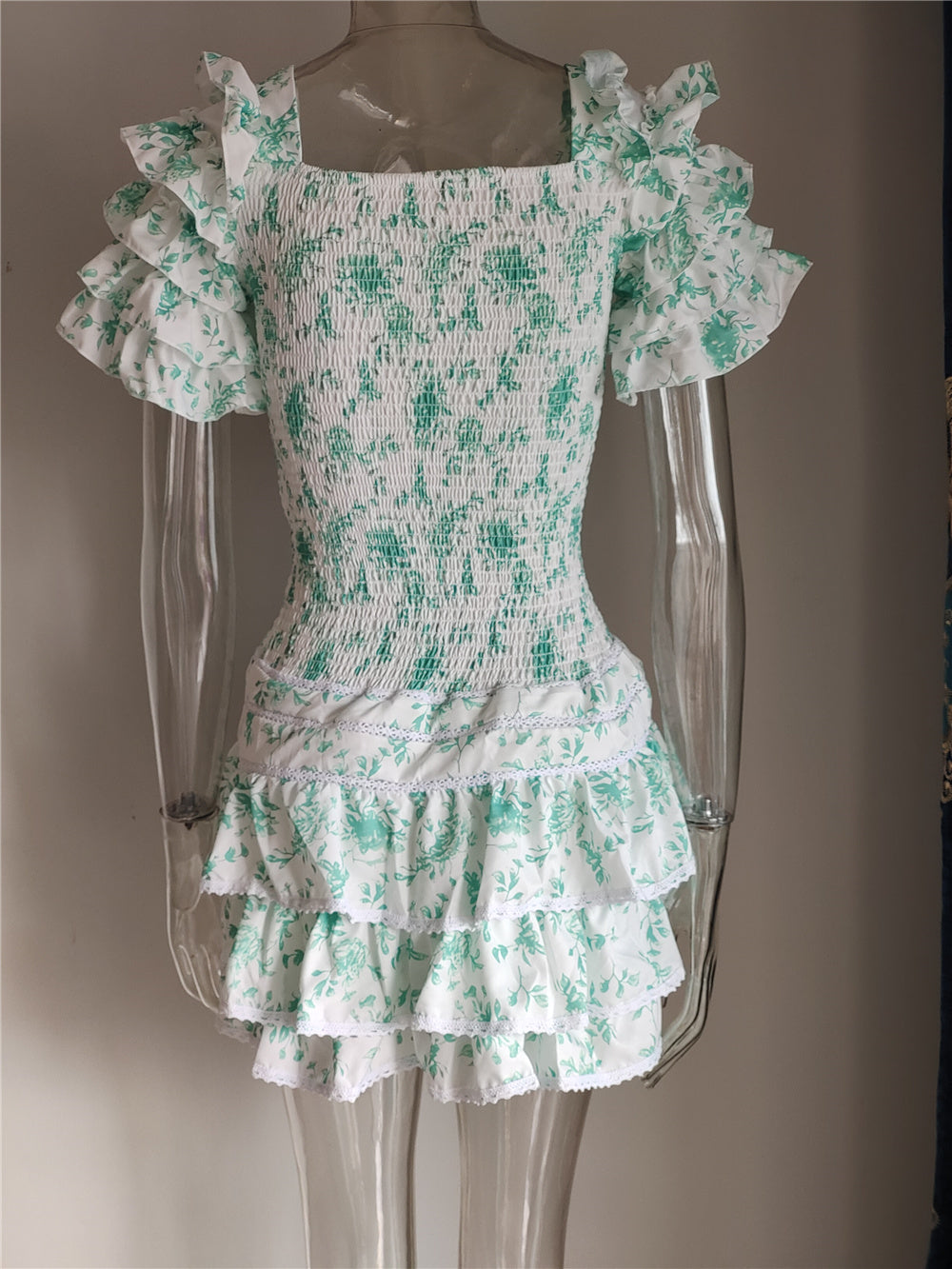 Robe Courte Volants Bleu Clair Femme