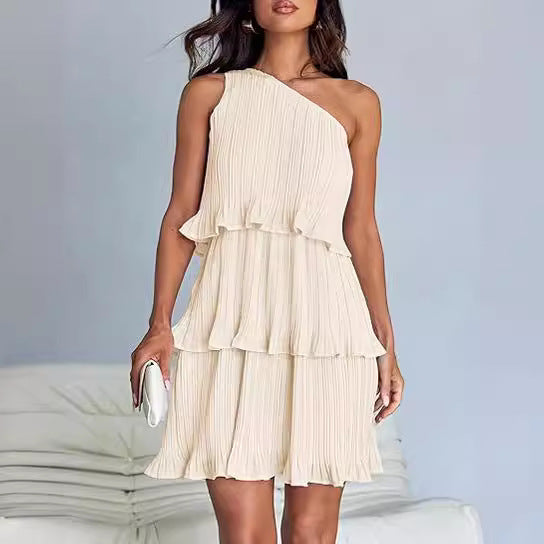Robe décontractée pour femme, à une épaule dénudée, ourlet à volants superposés, couleur unie simple, taille haute confortable, pour l'été et la rue
