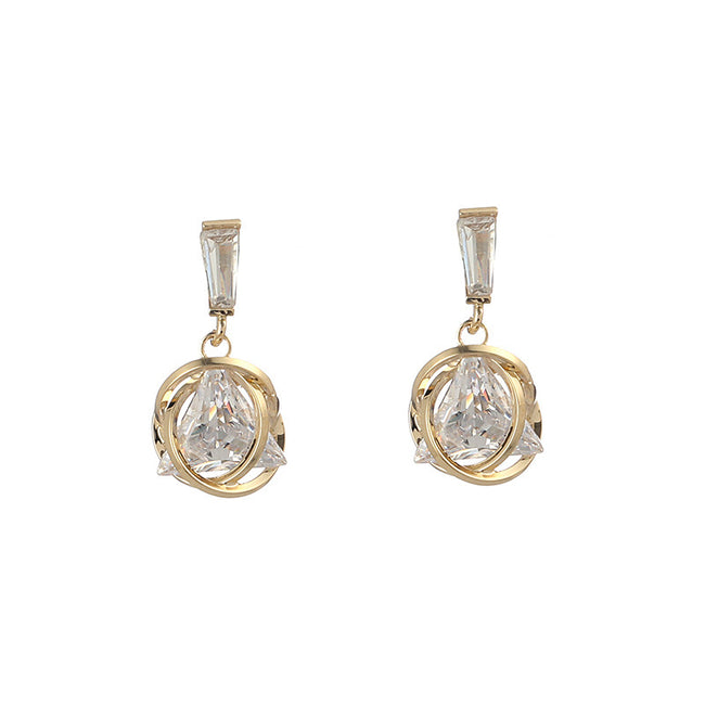 Boucles d'oreilles pendantes exquises en zircon triangulaire, couleur or, clous d'oreille ronds croisés, bijoux de mariage et de fête pour femmes Main Image