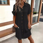 Robe chemise d'été à manches courtes, mode, couleur unie, boutonnage simple, longueur moyenne, ample