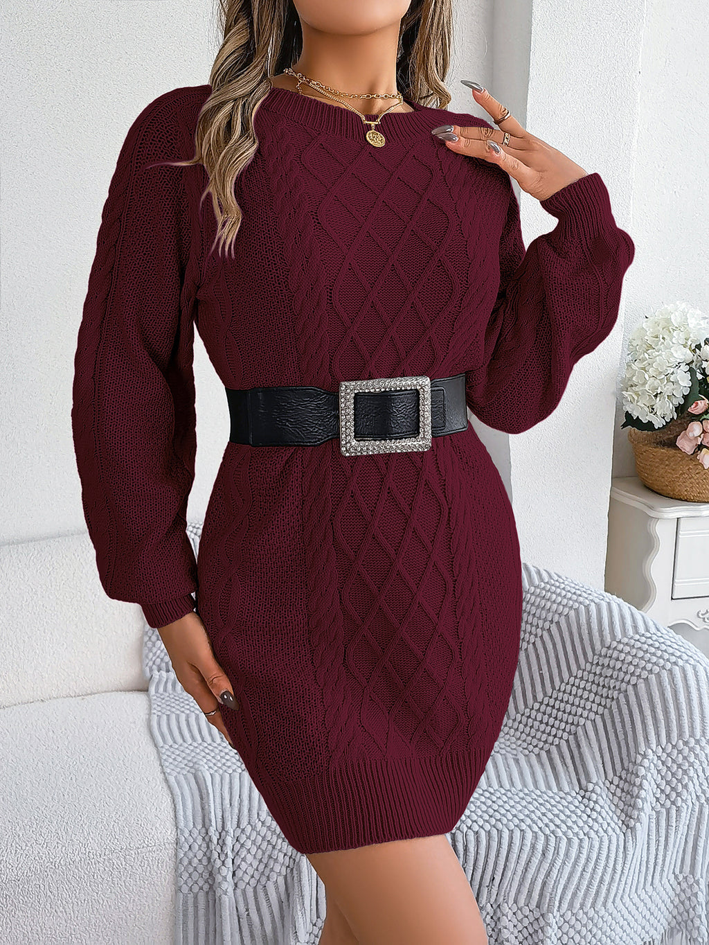 Robe Pull Femme Tricoté Torsadé Couleur Unie Manches Lanternes Resserrées