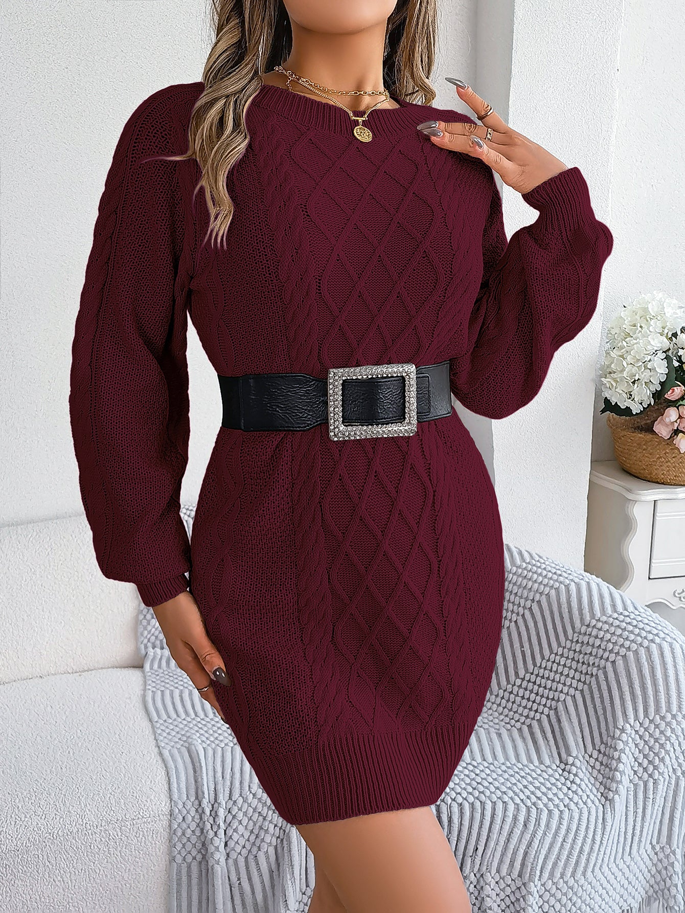 Robe Pull Femme Tricoté Torsadé Couleur Unie Manches Lanternes Resserrées