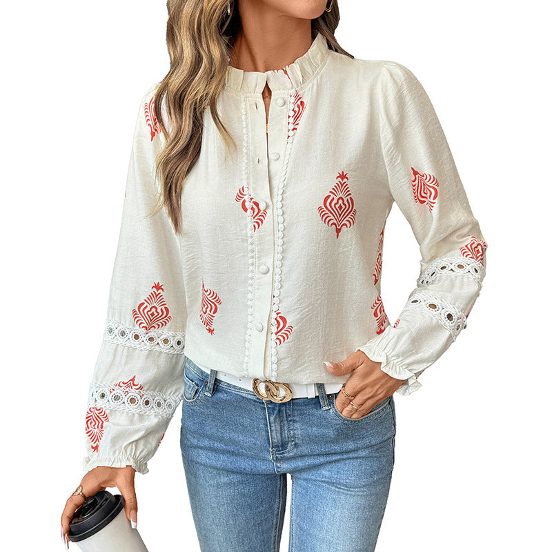 Chemise à Col Montant Imprimé Ethnique Pour Femme