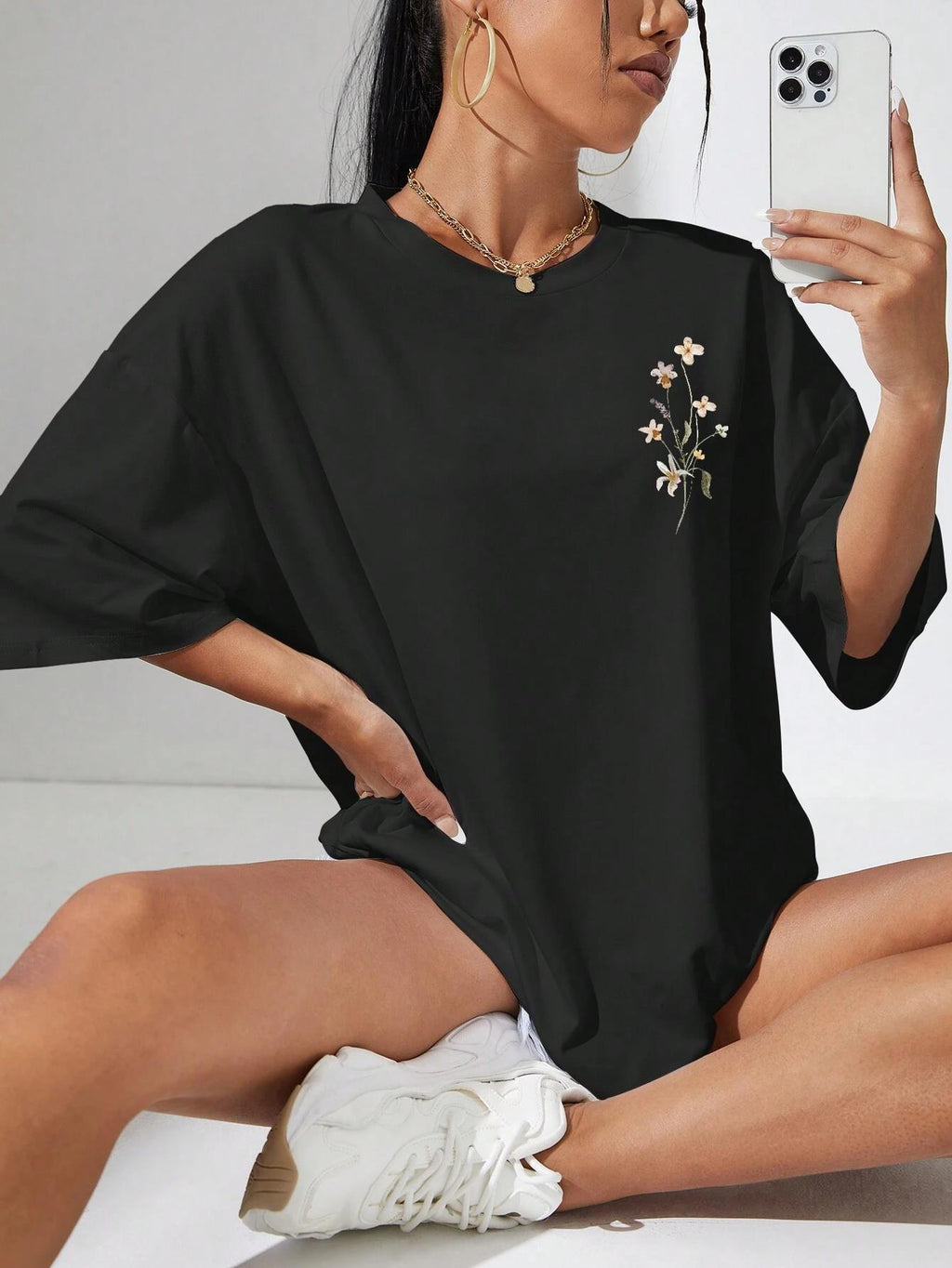 T-shirts décontractés en coton imprimés grappes de fleurs pour femmes