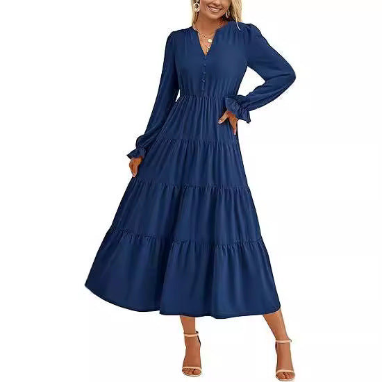 Robe longue fluide à volants superposés pour l'automne